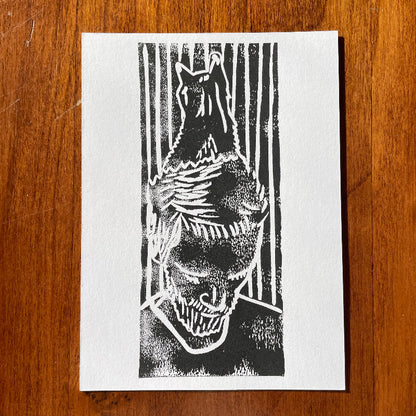 Linoprint 'Cathead' Naomi Ramaker